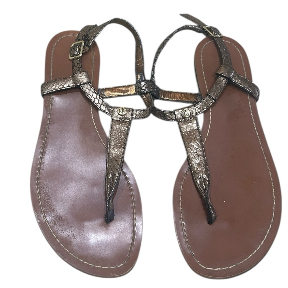 Ralph Lauren Snakeskin metallic bronze gold toe Sandals leather sole size 10